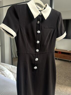 Self-Portrait Black Midi Dress with Cream Collar and Cuffs